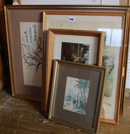 Three Chinese prints, another print and a Bahraini watercolour